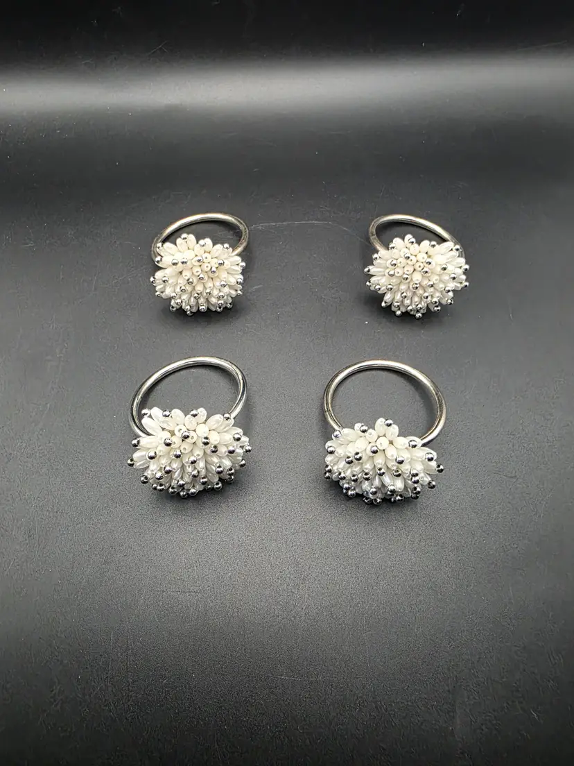 White Beaded Napkin Rings Set of 4