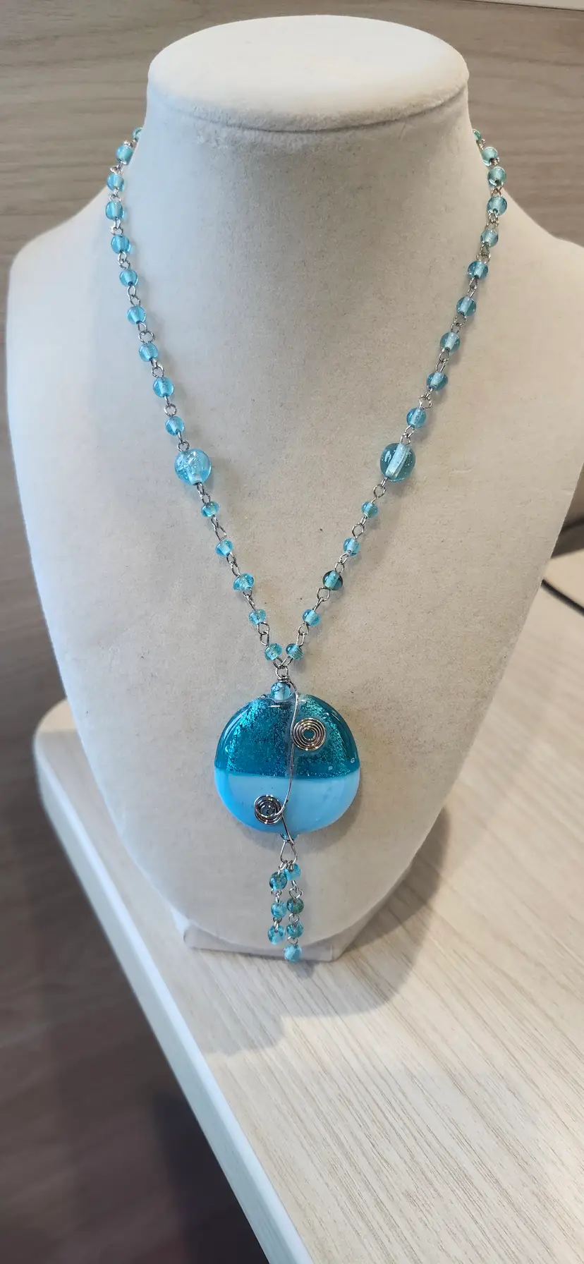 Aqua Glass Bead Necklace with Pendant