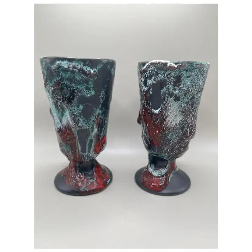 Vintage Lava Glaze Pottery Goblets ~ Set of 2 ~ Unique Artisan Design ~ 5.5 inches tall