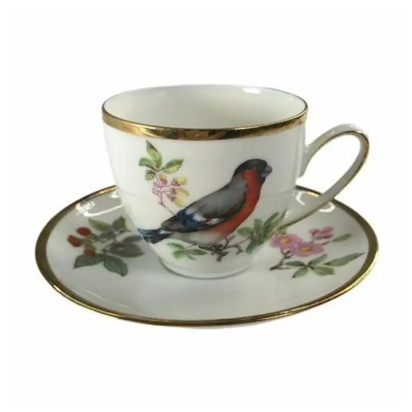 Schmid Germany Small Tea Cup & Saucer Eurasian Bullfinch Bird Flowers Branch