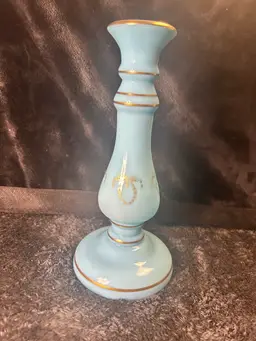 Vintage French Blue Opaline Glass Bud Vase/ Candlestick With Gold Gilt And Trim