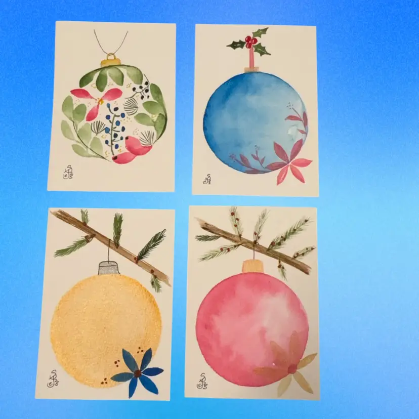 Original Watercolor Cards 4 Ornaments Blank Inside 5” X 3.5”