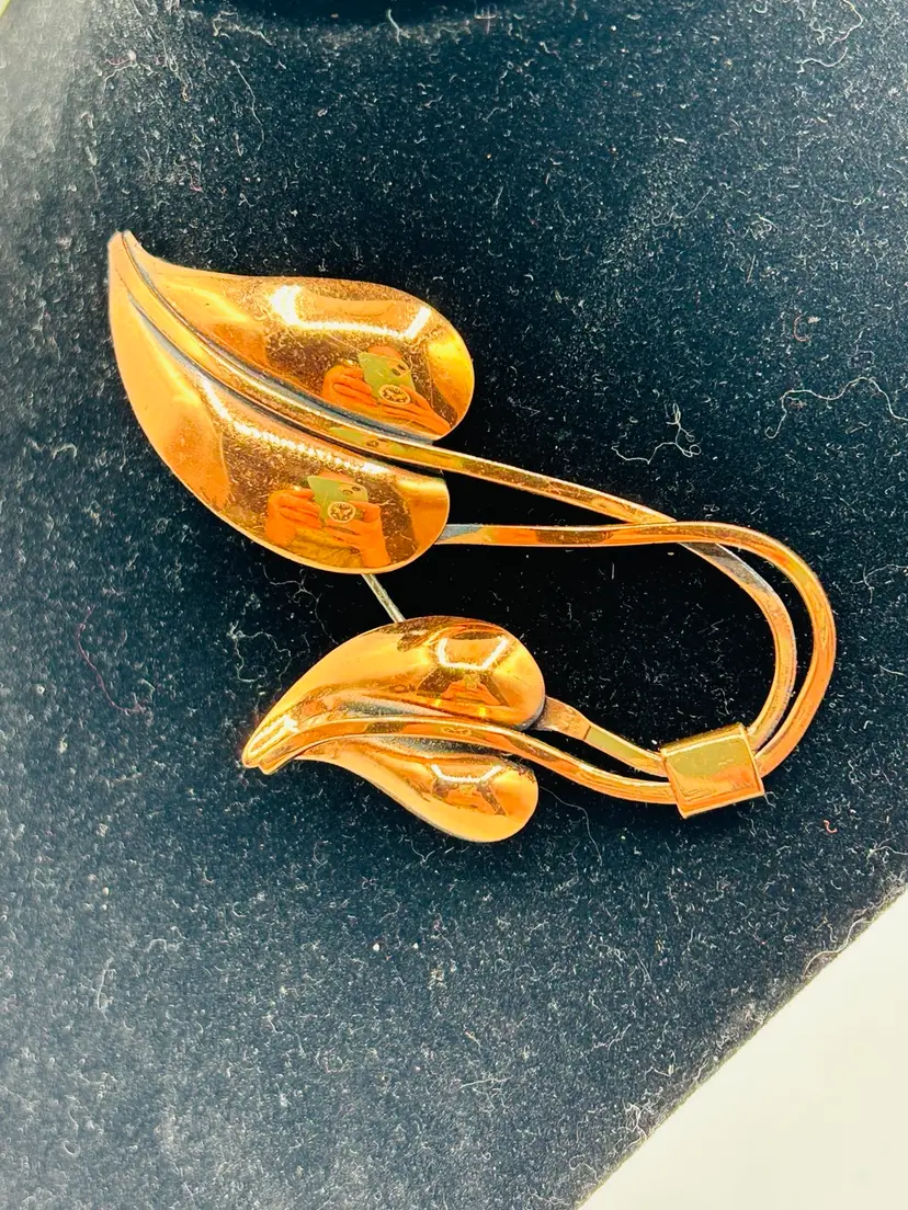 Vintage Matisse Renoir Signed Copper Double Leaf Brooch 