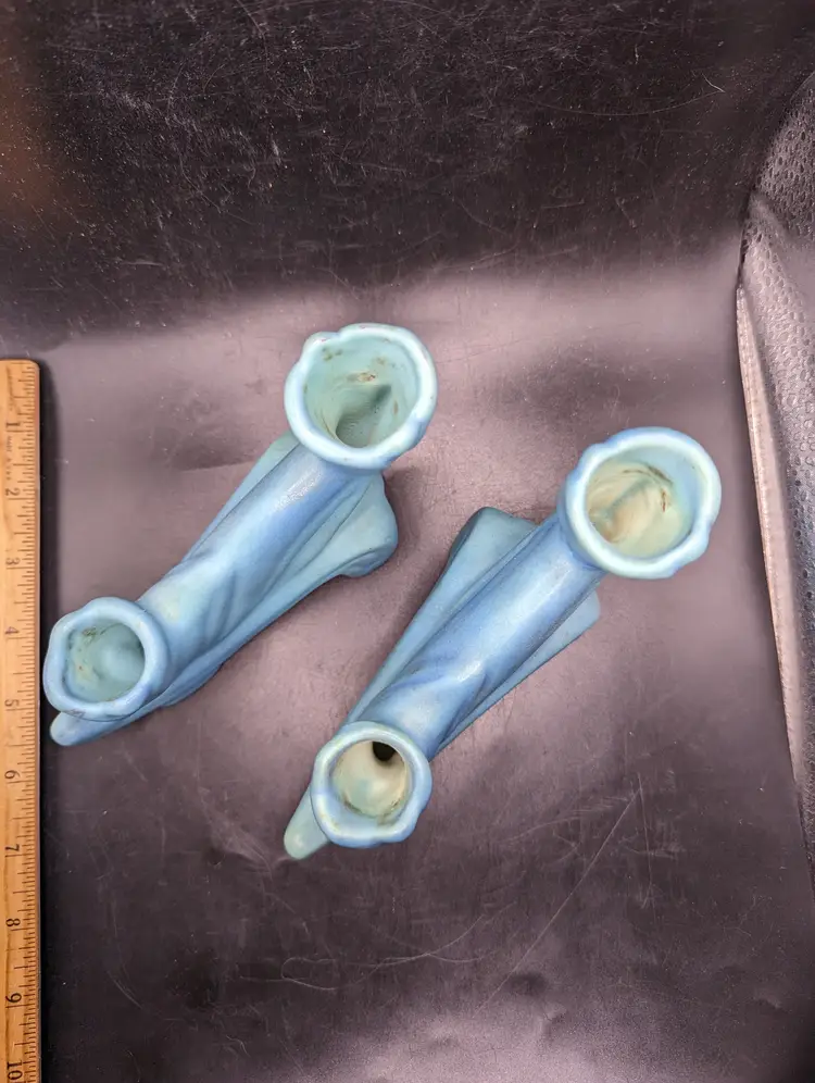 Vintage Van Briggle Art Pottery Double Candlesticks Tulip Design, Aqua Blue Teal, 6"w x 4.5"T