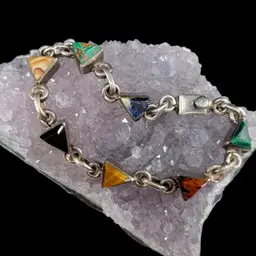 Mexico T5-122 Sterling Silver Vintage Multi-Stone Triangle Link Bracelet