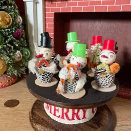 Vintage Christmas Miniature Putz Pinecone Snowmen in Top Hats Japan