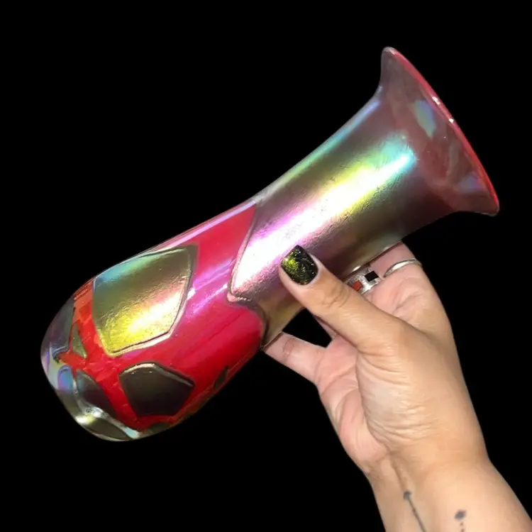 Phoenician Malta Iridescent Hand Blown Art Glass Vase – Red Abstract Lava Design – 8.5” Tall