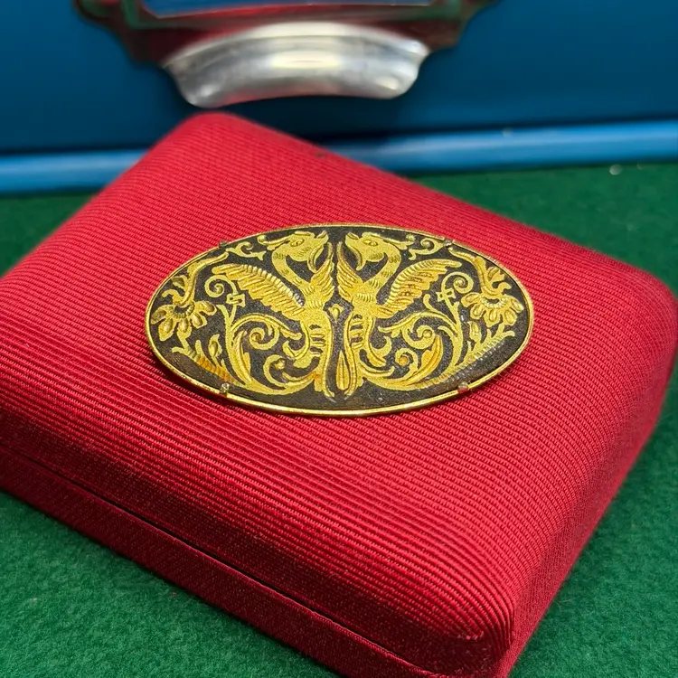 Double Dragon Damascene Brooch Pin Trombone Clasp Oval