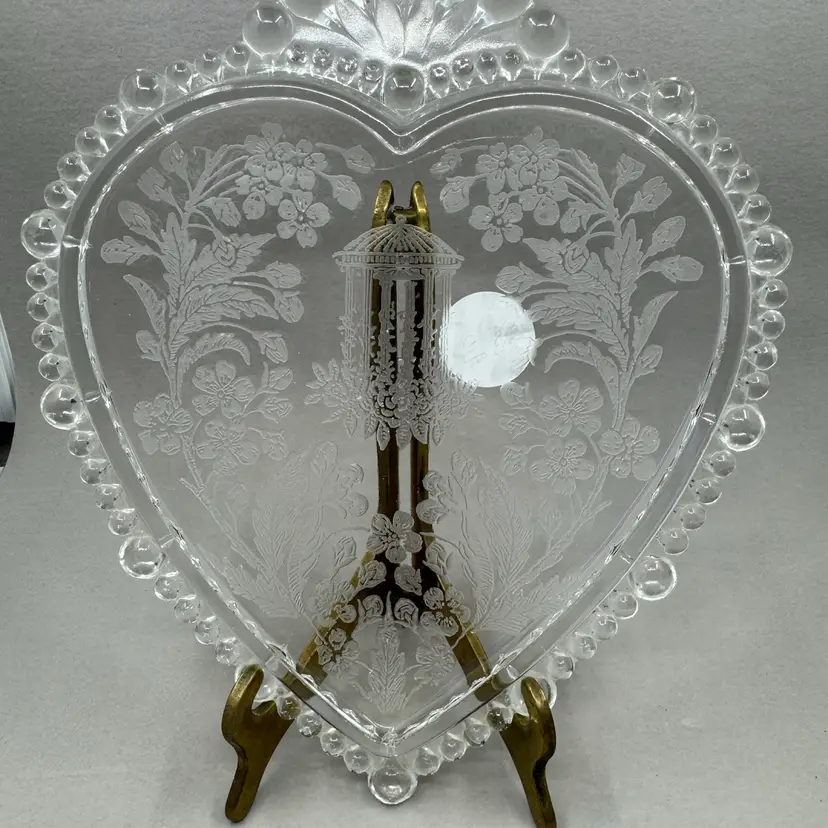 Paden City Glass etched floral heart-shaped dish, line #555; 1930-50s