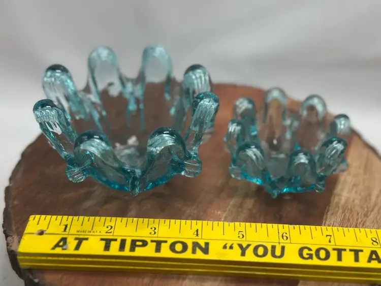 Vintage Art Glass Swung Aqua Blue 2 Nesting Bowls Dipping Trinket Vanity