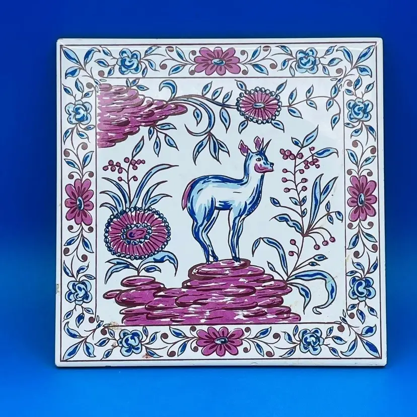 UNIQUE Fold Art Ceramic Tile 6" Square Hand Painted Whimsical Goat Unicorn Llama VTG