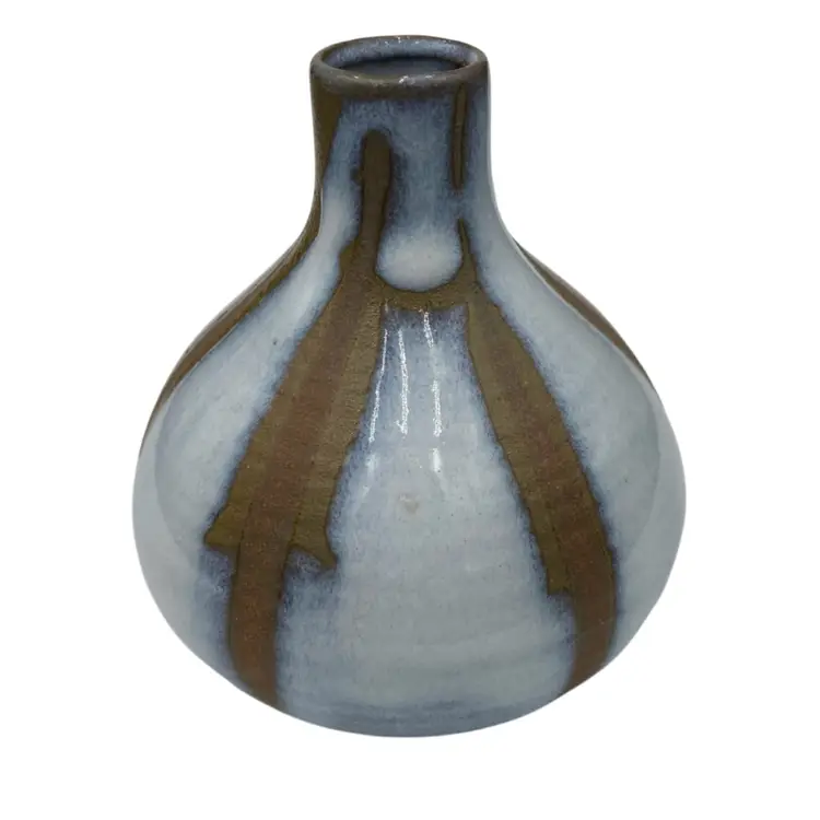 Vintage Small Studio Pottery Vase, Bottle Neck, White-Blue Glaze/Gold, Clay 3.3"