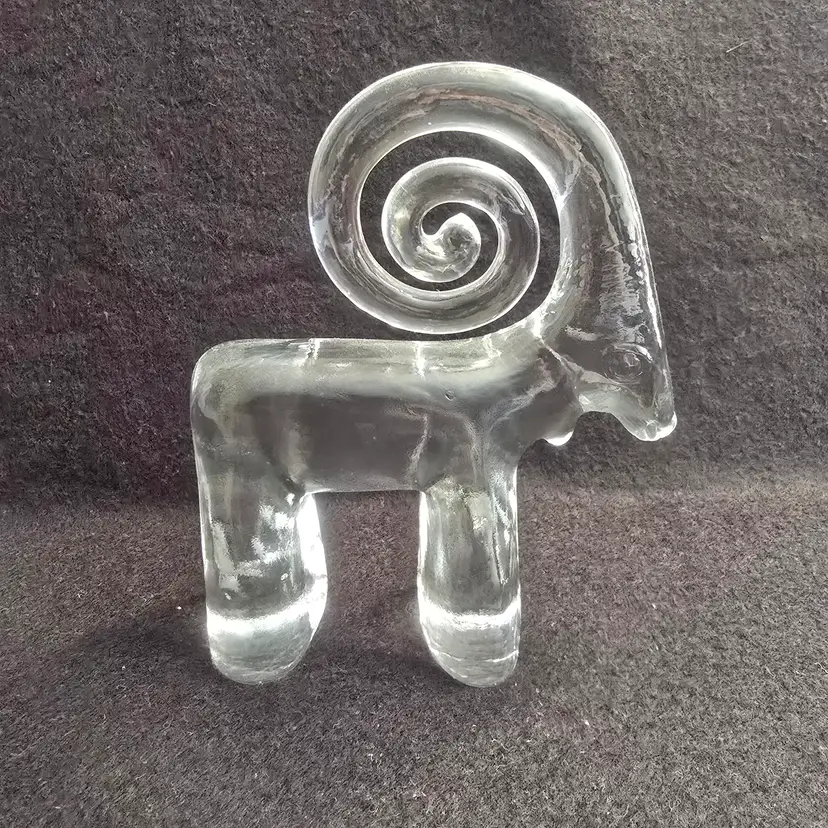 KOSTA BODA Zoo Series Ram by Bertil Vallien Sweden -Clear Art Glass Figurine 5"