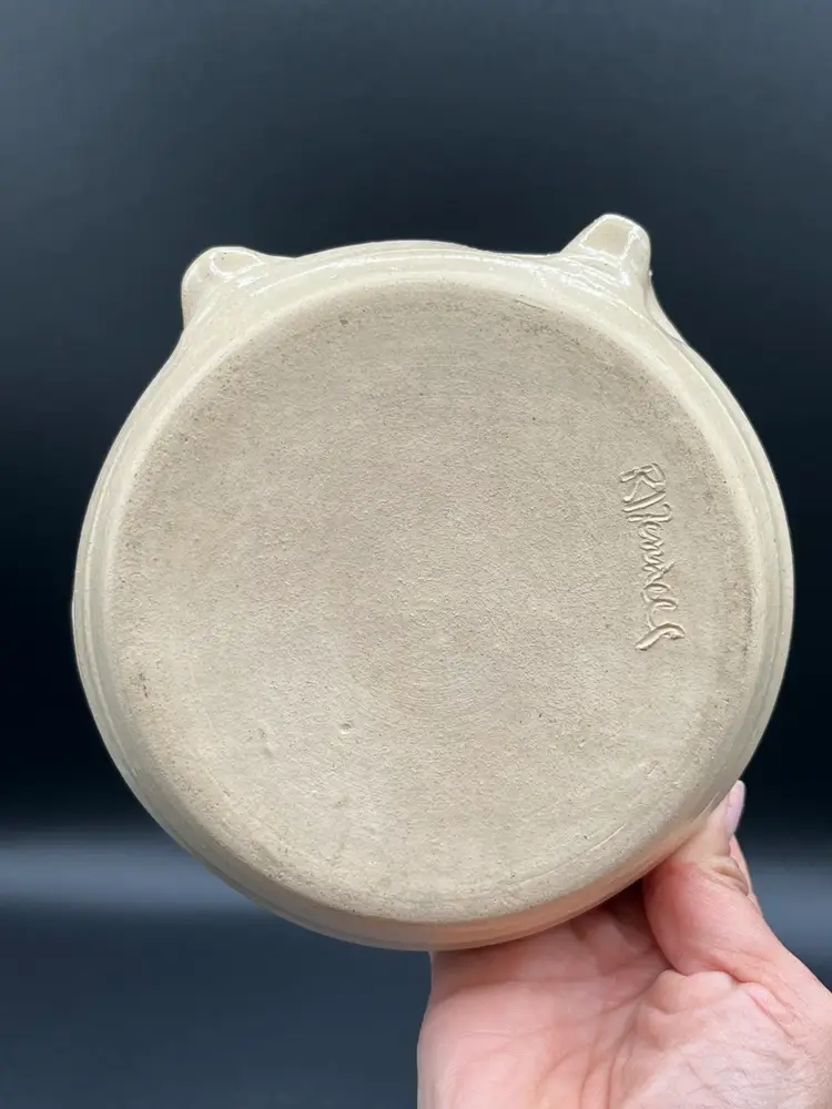 Signed Art Pottery Cat Face Cat Food Dish 6”