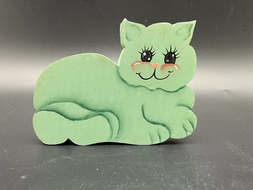 BIN - Folk Art Wood Cat Seafoam 4.75”