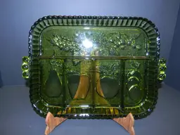 #01 Indiana Glass Divided Fruit/Relish tray, Green Olive in color ( 12 1/2" L x 8 3/4" W x 3/4" H)