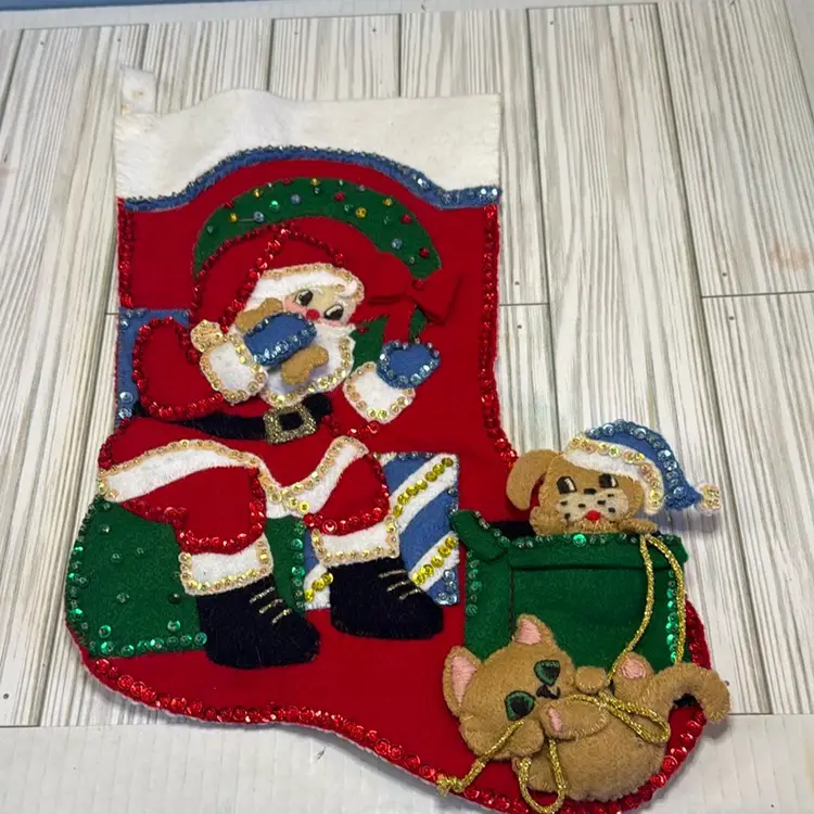 Adorable Felt Stocking with Sequins and Santa with Puppy and Kitty
