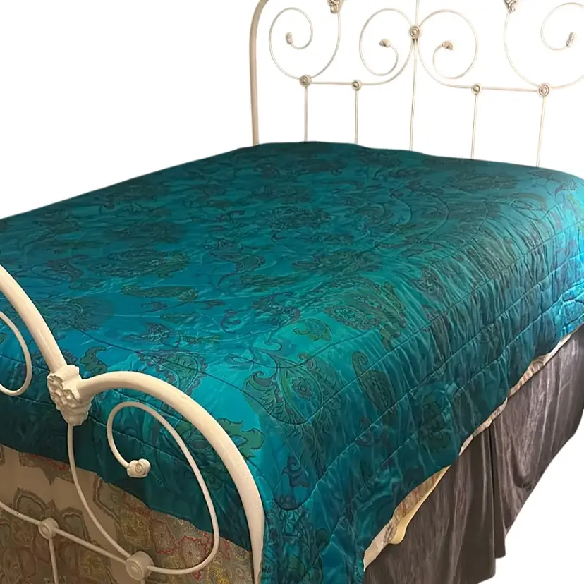 Vintage Dacron Polyester DuPont Teal Blue Paisley 80 X 90 Comforter Quilt Paisley Groovy