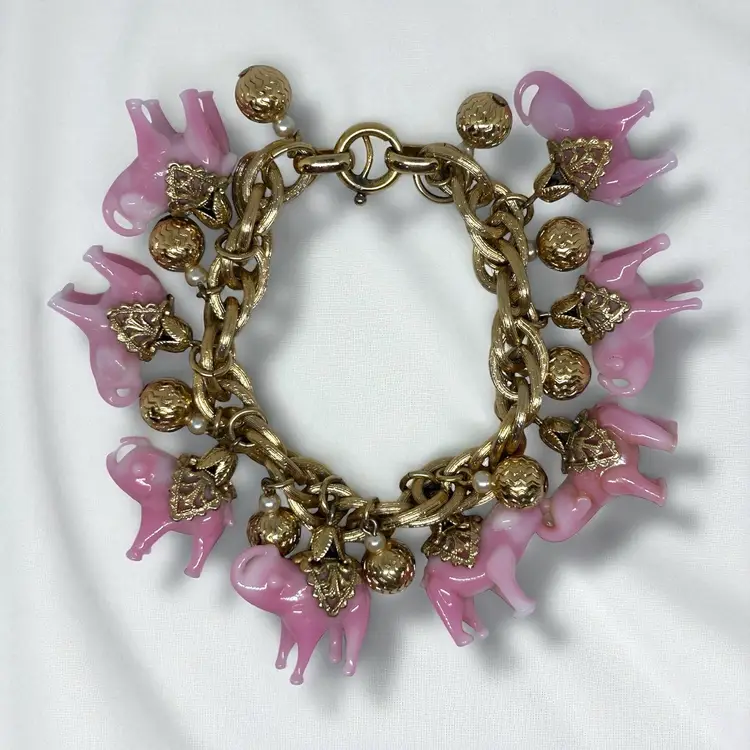 Vintage Napier Pink Elephant Charm Bracelet Art Glass 1960s Cocktail Tiki READ