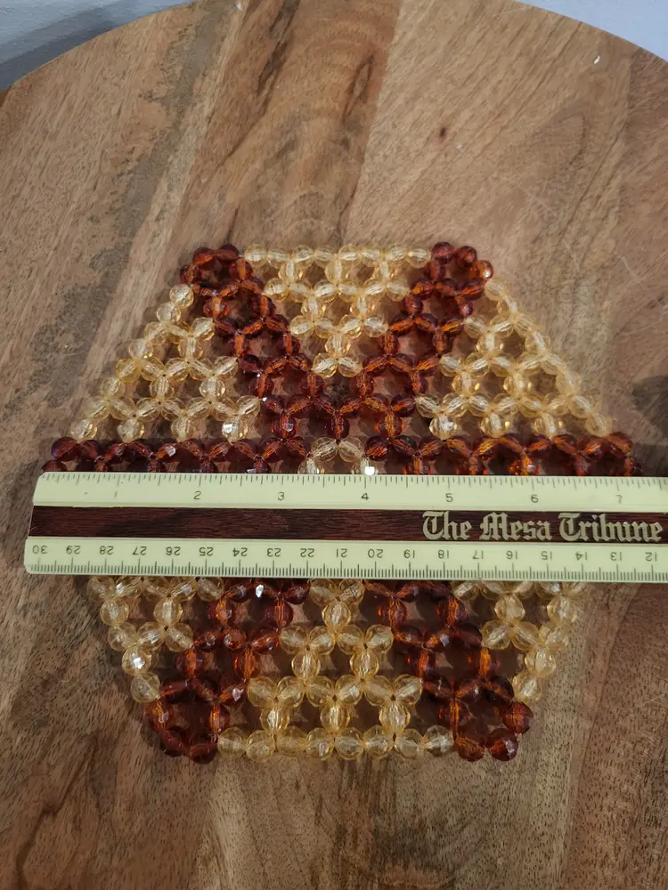 Vintage Plastic Beaded 7.25 x 6.5 in Trivet Hot Plate Brown Tan