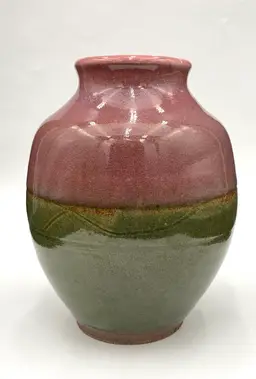 Heavy Studio Pottery Vase, Green and Plum Glazes, Sgraffito, Stamped, 6.7"