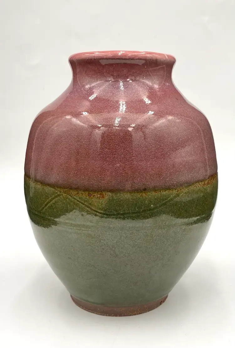 Heavy Studio Pottery Vase, Green and Plum Glazes, Sgraffito, Stamped, 6.7"