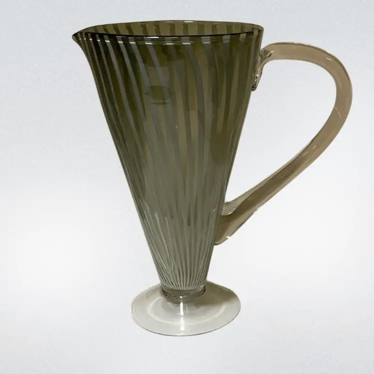 Handblown Art Glass Smoky Swirl Pitcher 10” H + 6 Glasses 4” H