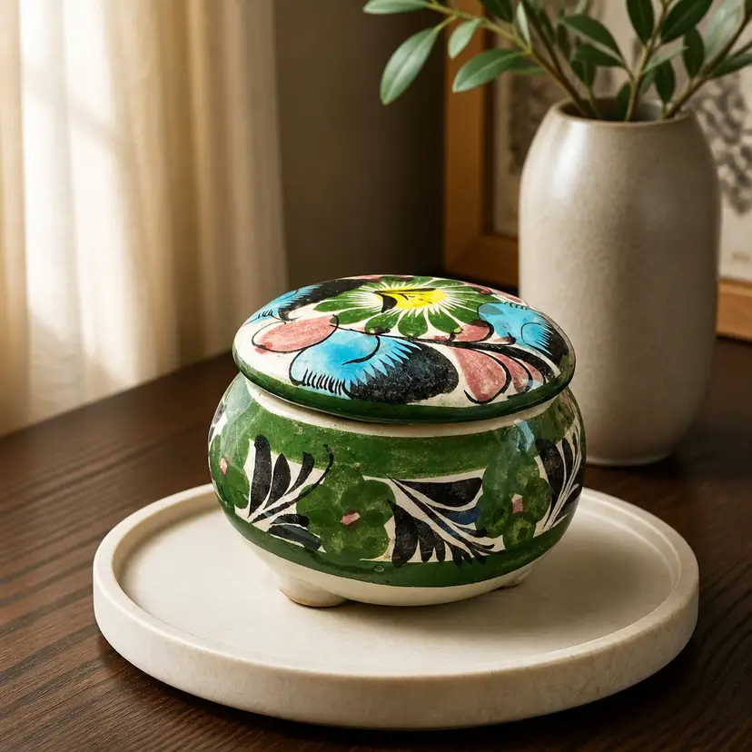 Vintage Hand Painted Mexican Footed Tonala Ceramic Trinket Box, 2" Tall