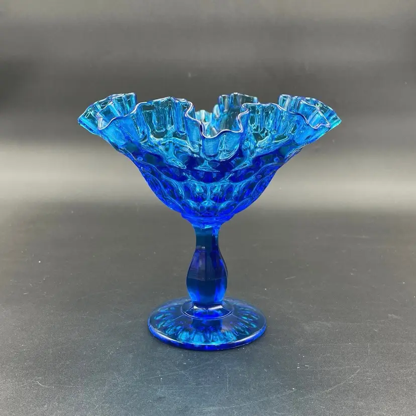 Fenton Glass Colonial Blue Ruffled Thumbprint Nut Dish Pedestal Compote Glows VTG