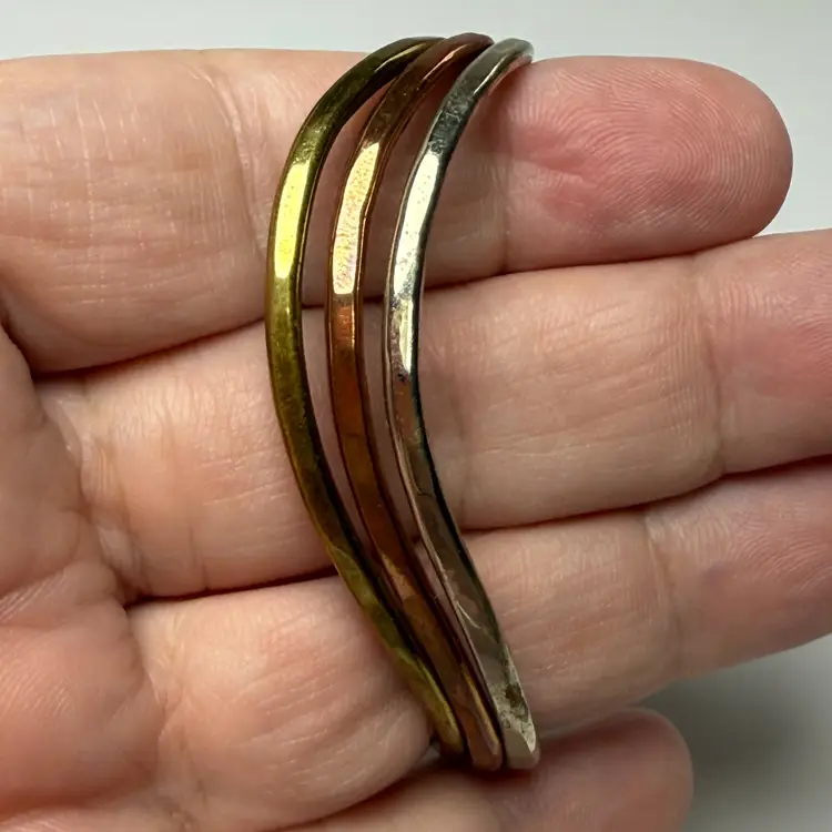 Vintage Tricolor Silver Brass Copper Tone Wave Curved Cuff Bracelet Retro
