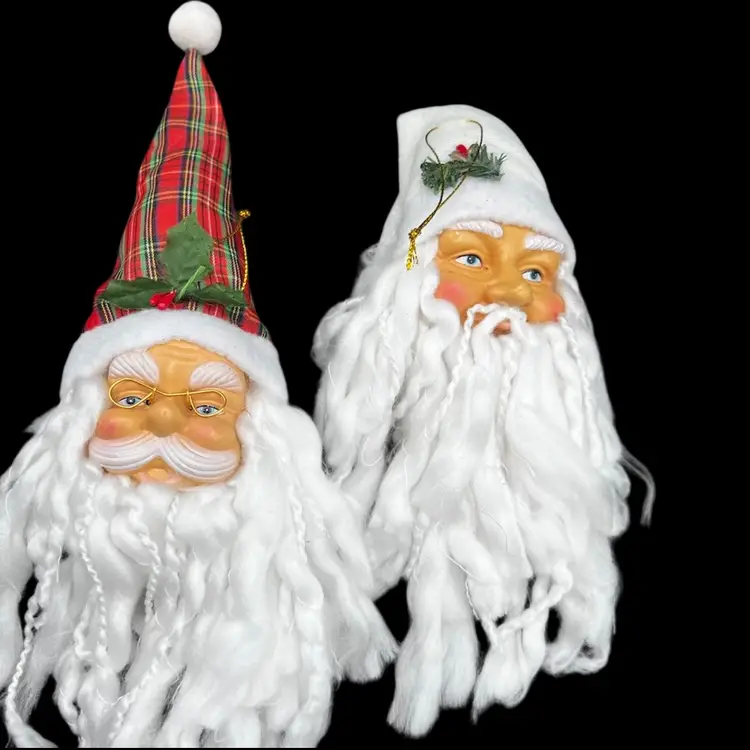 #270B Pair Of Large Santa Head with Yarn Beard Ornaments Made For Greenbrier International
