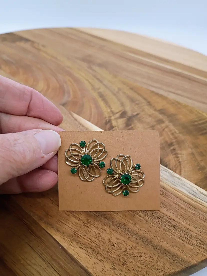 Vintage Gold Filled Filigree Flower Screw Back Earrings With Green Rhinestones