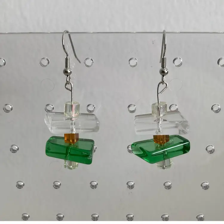 Mid-Century Stacked Glass Earrings Green And Amber