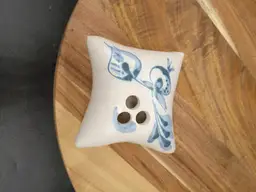 Handmade Art Pottery Pillow Style Floral Frog Ikebana Vase 3 Hole White with Swirled Blue Design Signed Davis