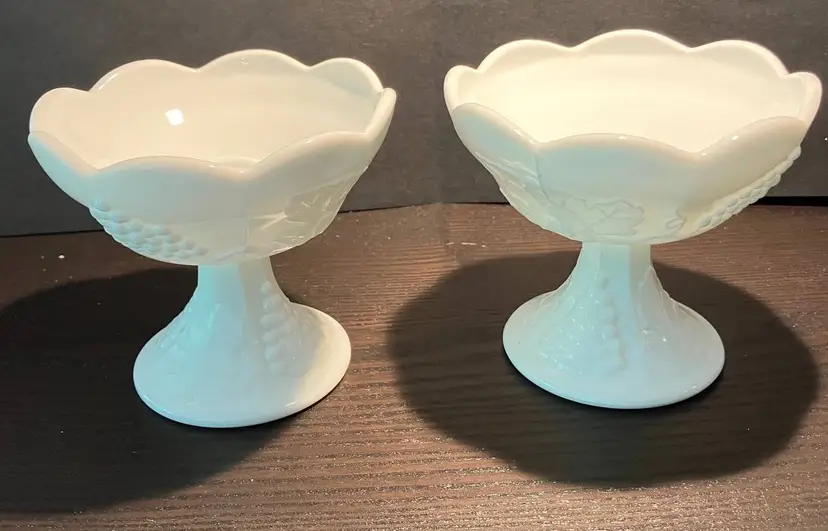 2 VTG Indiana Glass Paneled Grape Pedestal Taper Holder with Scalloped Rim