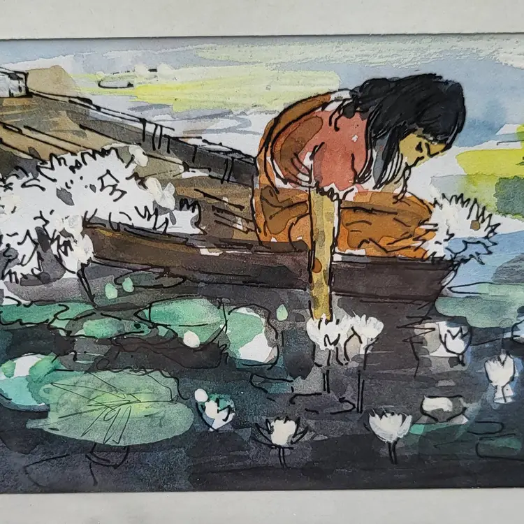 Vintage Watercolor Print of Girl by Lily Pond Artist Altaf Husain
