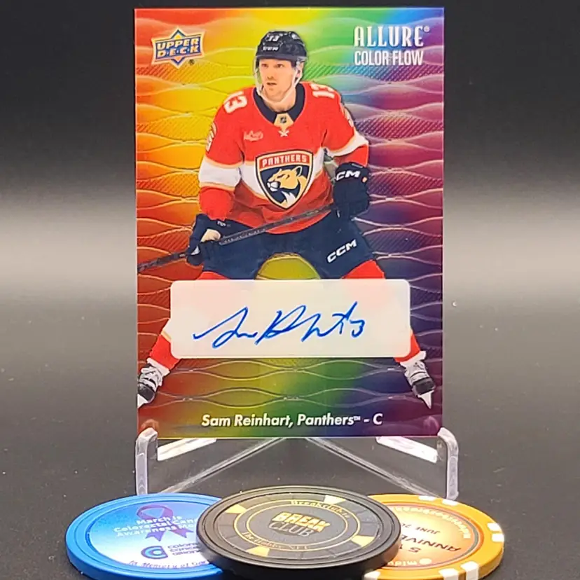 Sam Reinhart Auto 2023-24 Upper Deck Allure Hockey Color Flow Insert Full Rainbow Autograph Parallel Card #CFA-SR - Florida Panthers Hockey Card