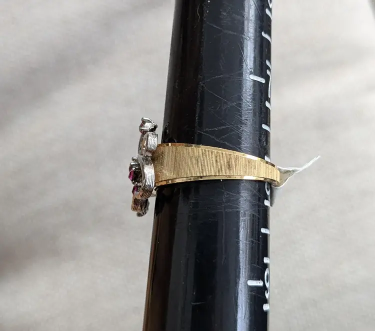 Vintage Gold Tone Ring with Silver Hearts and Fuchsia Stones, Size 8