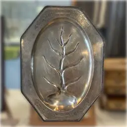 Vintage Silver Plated Tray Features a "tree of life" or "well and tree" design, with channels to collect meat juices.