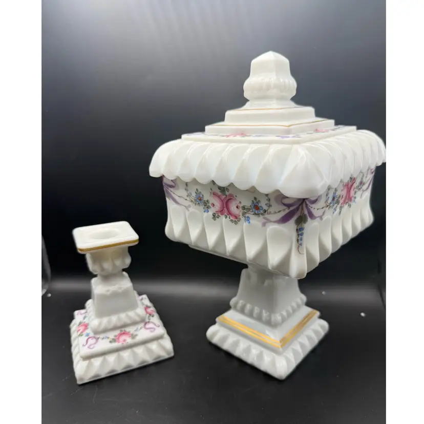 Vintage Westmoreland Milk Glass Wedding Cake Box & Candlestick Set Hand Painted