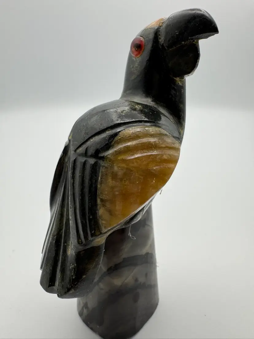 Vintage Hand Carved Stone Tropical Parrot Bird On Marble Stone  Rare