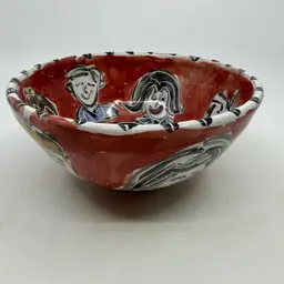 Vintage Ceramic Pottery Decorative Bowl Fired Red Clay W/ Red Glaze Background Cartoons Faces All Over Design READ
