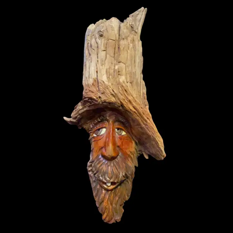 Vintage Wood Spirit Man Bark Carving Cabin Tree Signed James Bell 15”