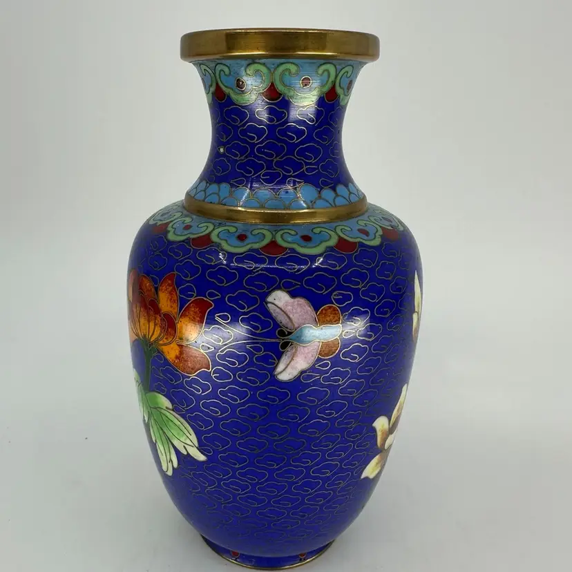 Blue Vintage Cloisonné Vase With Florals 5”