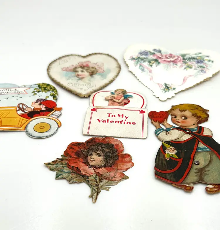 Lot of Antique Paper Valentines Day Cards and a Die Cut