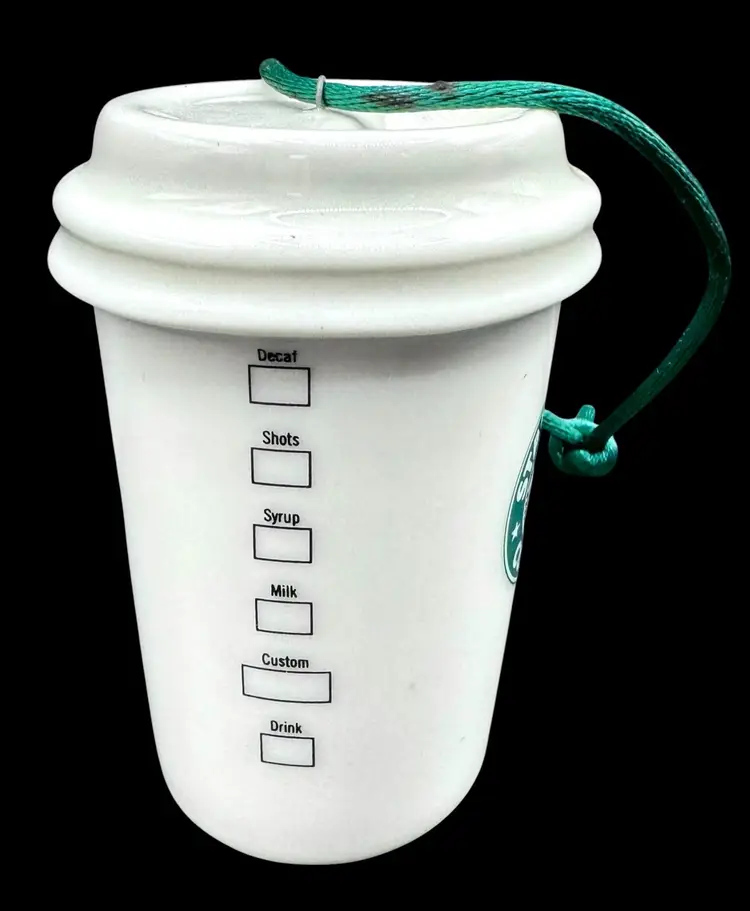 Starbucks 2011 Ceramic Christmas Ornament Paper Coffee Cup Tumbler White