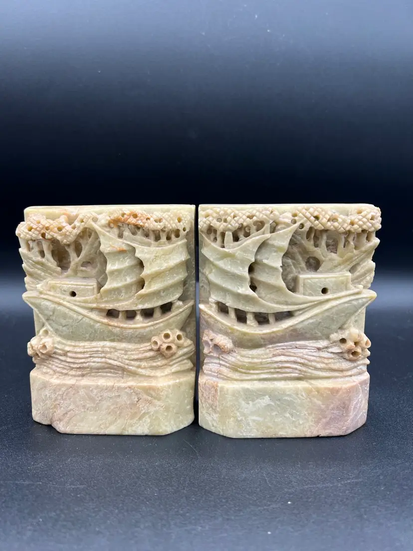 025. Vintage/Antique Soapstone Hand Carved Mirroring  Chinese Bookends Ships Nautical