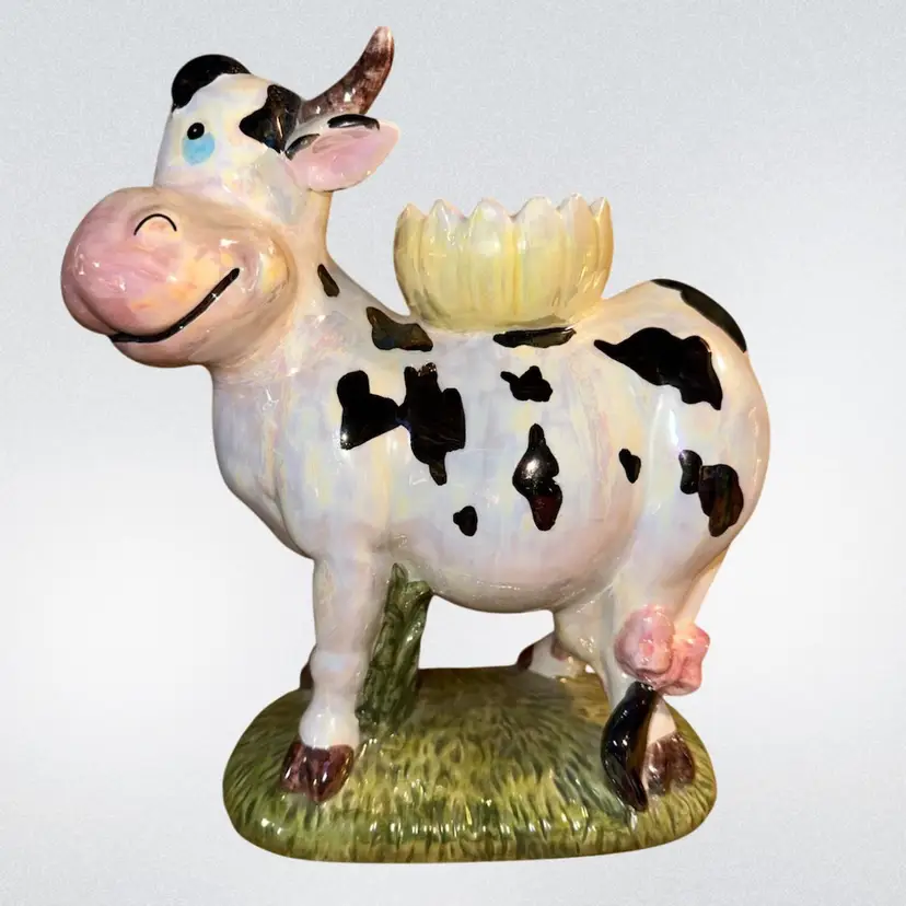 The Happiest Cow Ceramic Tealight Holder OR Use For A Little Airplant 7 3/4” Tall x 6 3/4” x 3.5”