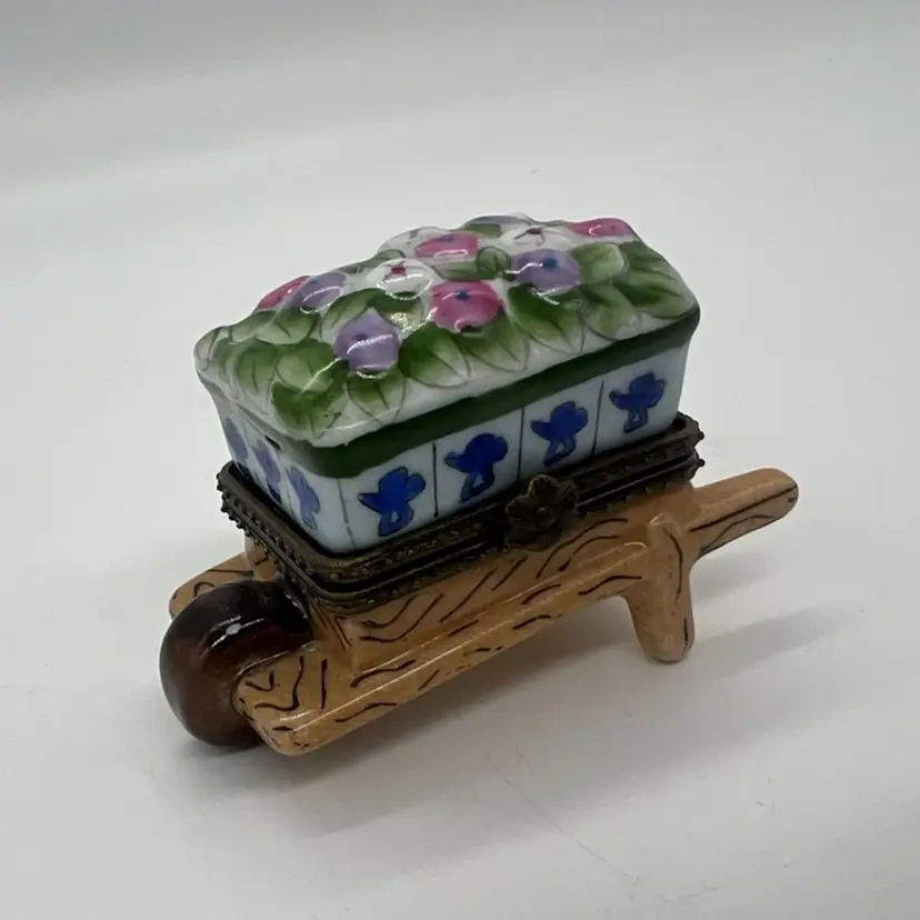 Mini Wagon Flower Cart Wheel Barrow Hand Painted Tools Inside Porcelain Trinket Pill Ring Box