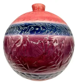 Signed Studio Art Pottery Vase Southwest Pattern Carved Round Pink Blue Purple